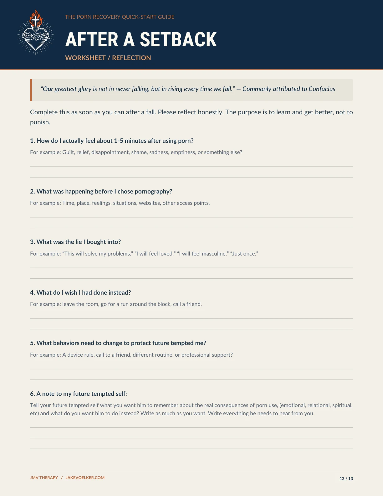 Page 12 of the Porn Recovery Quick-Start Guide, titled After a Setback, with questions for reflecting on feelings, triggers, choices, and a note to your future tempted self.